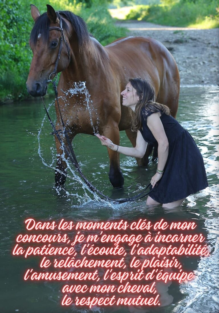 Dans les moments clés de mon parcours, je m'engage à incarner la patience, l'écoute, l'adaptabilité, le relâchement, le plaisir, l'amusement, l'esprit d'équipe avec mon cheval, le respect mutuel.